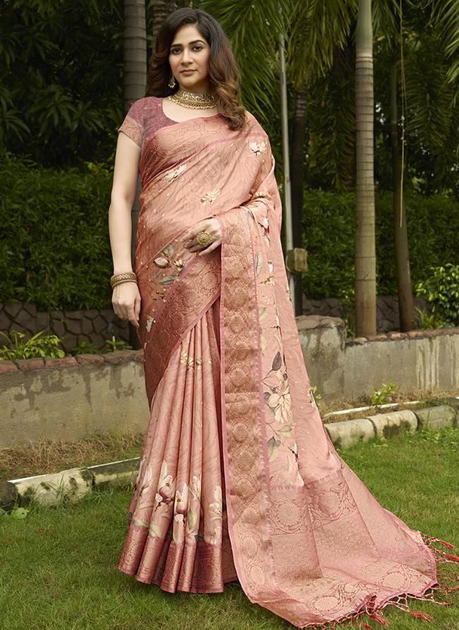 Sattin Peach Festival Wear Weaving Saree